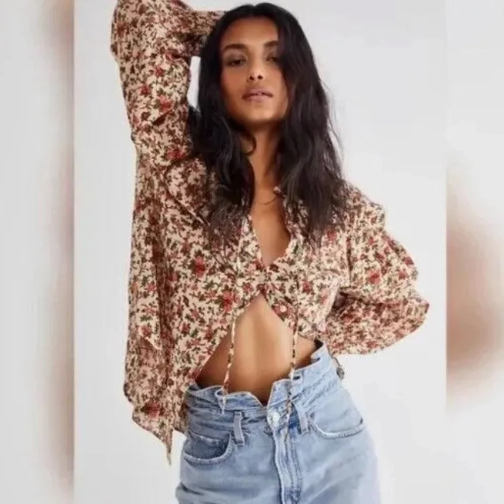 Free People Meant To Be Floral Roses Cotton Poet Blouse Statement Sleeves